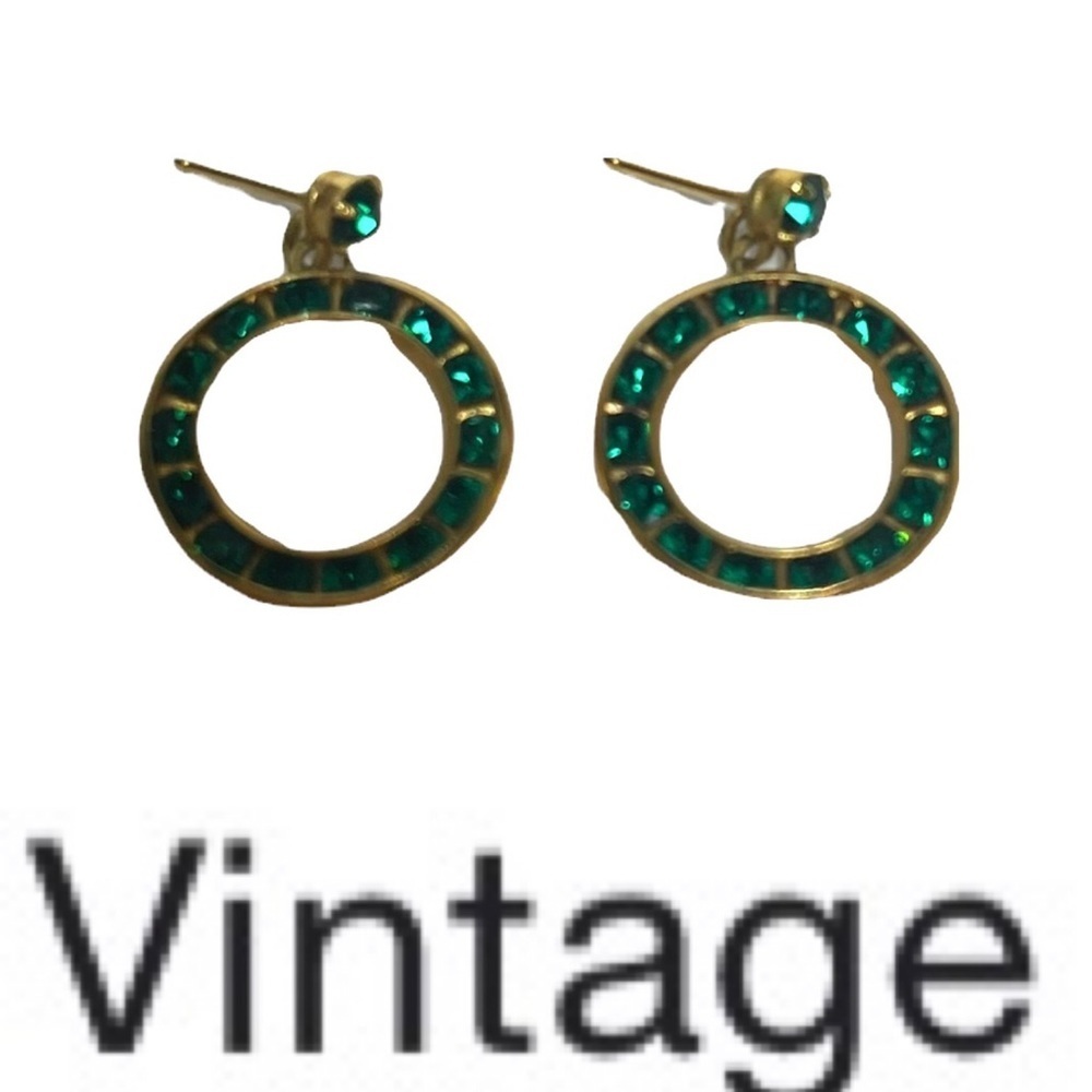 Vintage Faux Emerald Drop Hoop Gold Tone Earrings